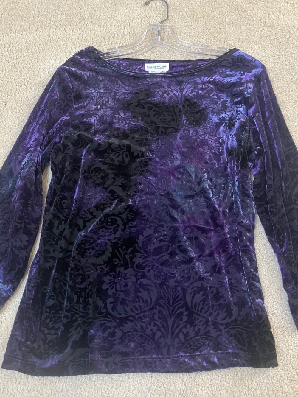 Coldwater Creek purple/black top. Purple velvet with black sheer mesh cutouts.